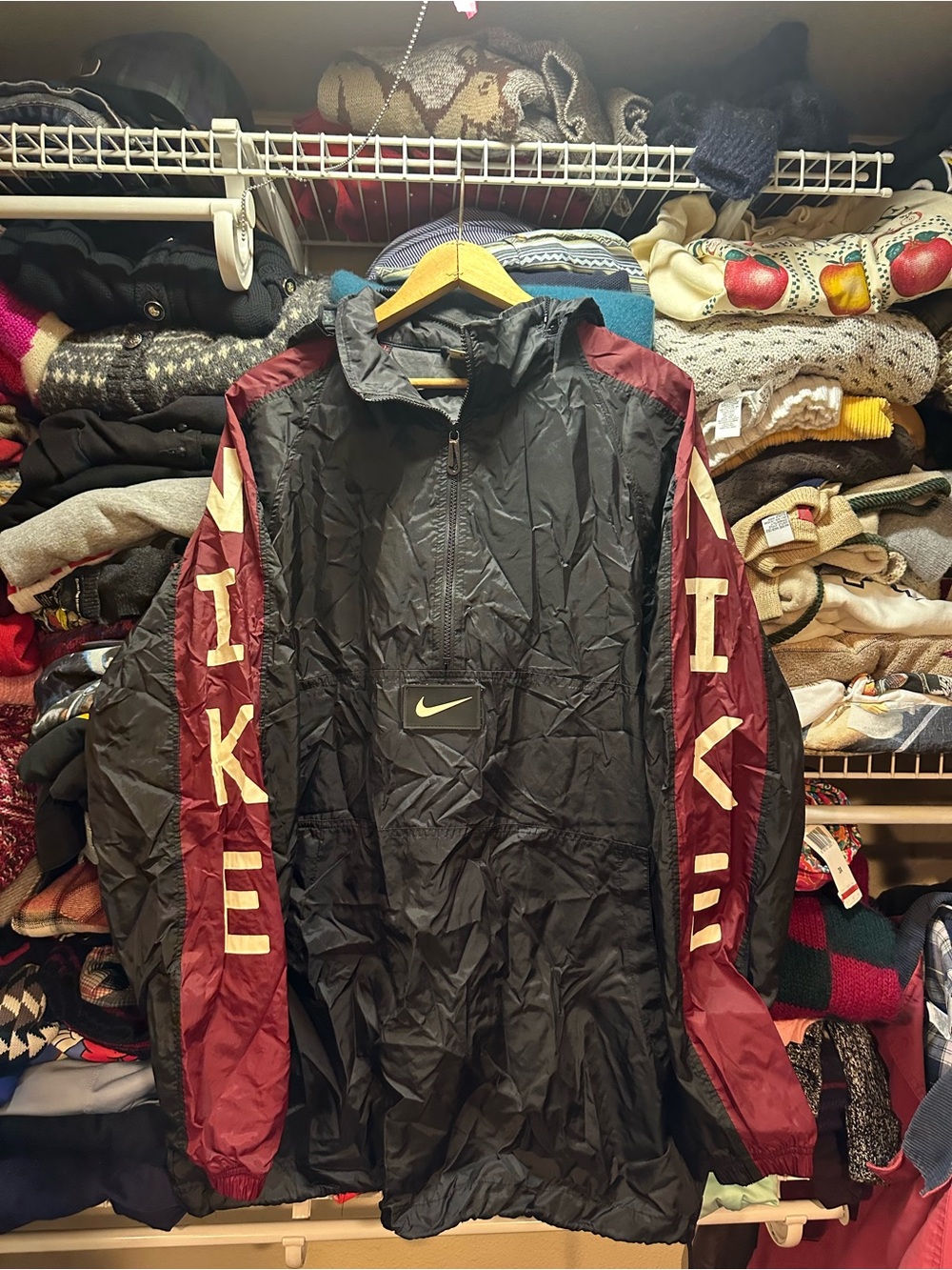 Vintage 90s Nike Windbreaker Pullover Jacket Black Maroon Sleeve Hits Mens Large